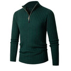 Men's ribbed quarter-zip sweater with stand collar and long sleeves