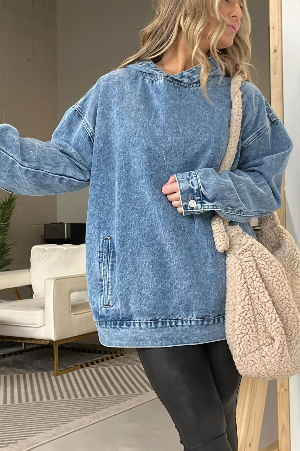Women's blue washed denim longline pullover hoodie