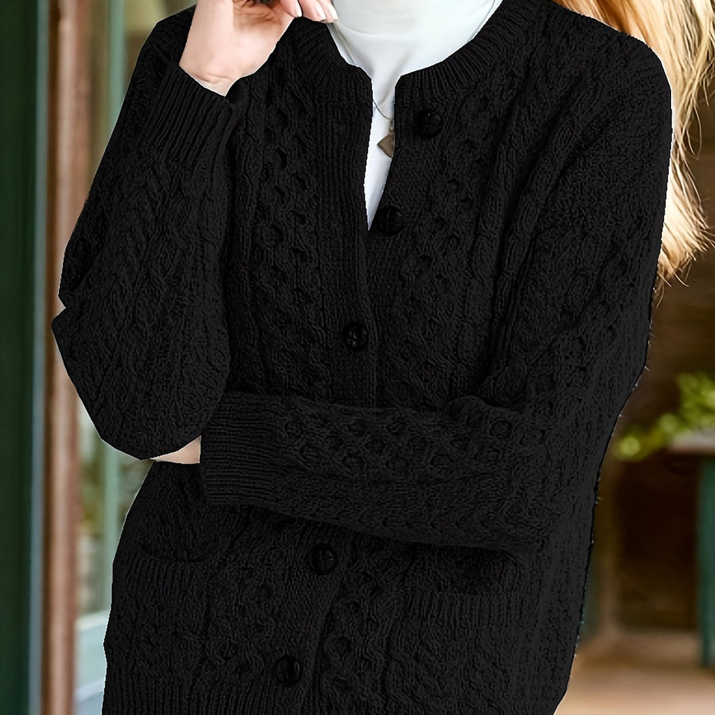 Women's textured cable knit cardigan with crew neck, long sleeves and button front