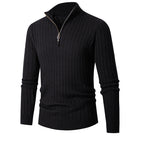 Men's ribbed quarter-zip sweater with stand collar and long sleeves