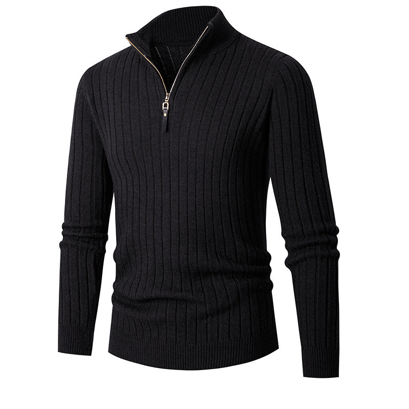 Men's ribbed quarter-zip sweater with stand collar and long sleeves