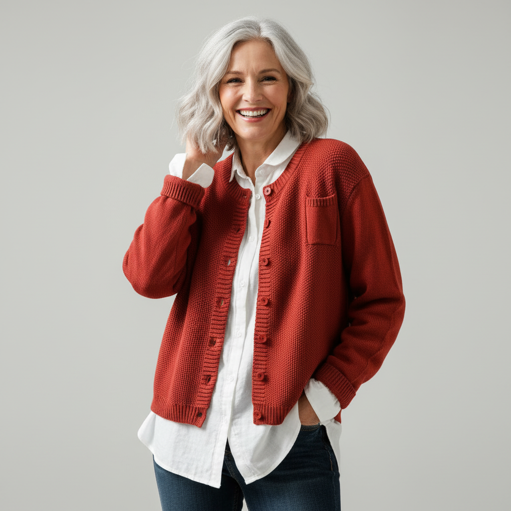 Women's textured knit button cardigan with round neckline, long sleeves and chest pocket