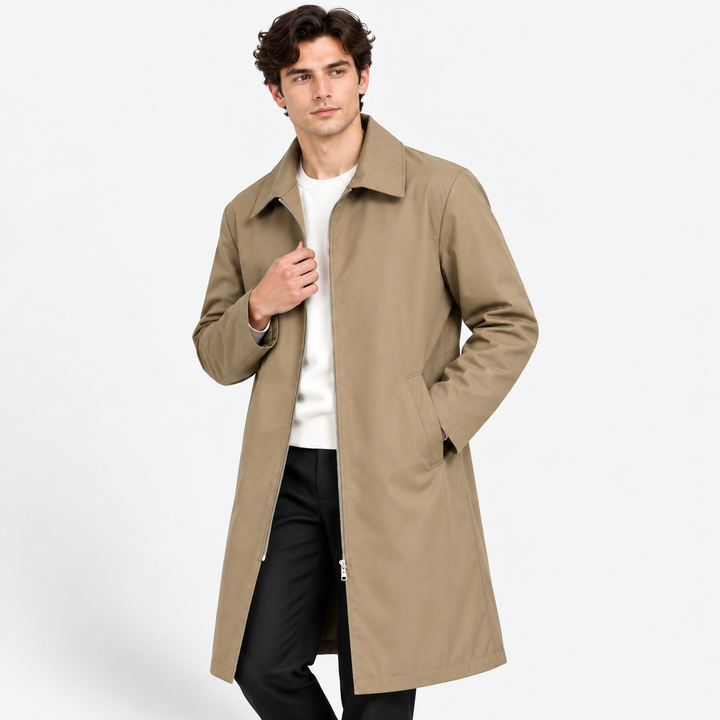 Men's mid-length casual coat with collar and button front