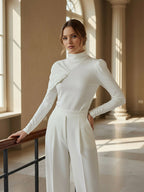 Women's white high neck sweatshirt with asymmetric pleated shoulder