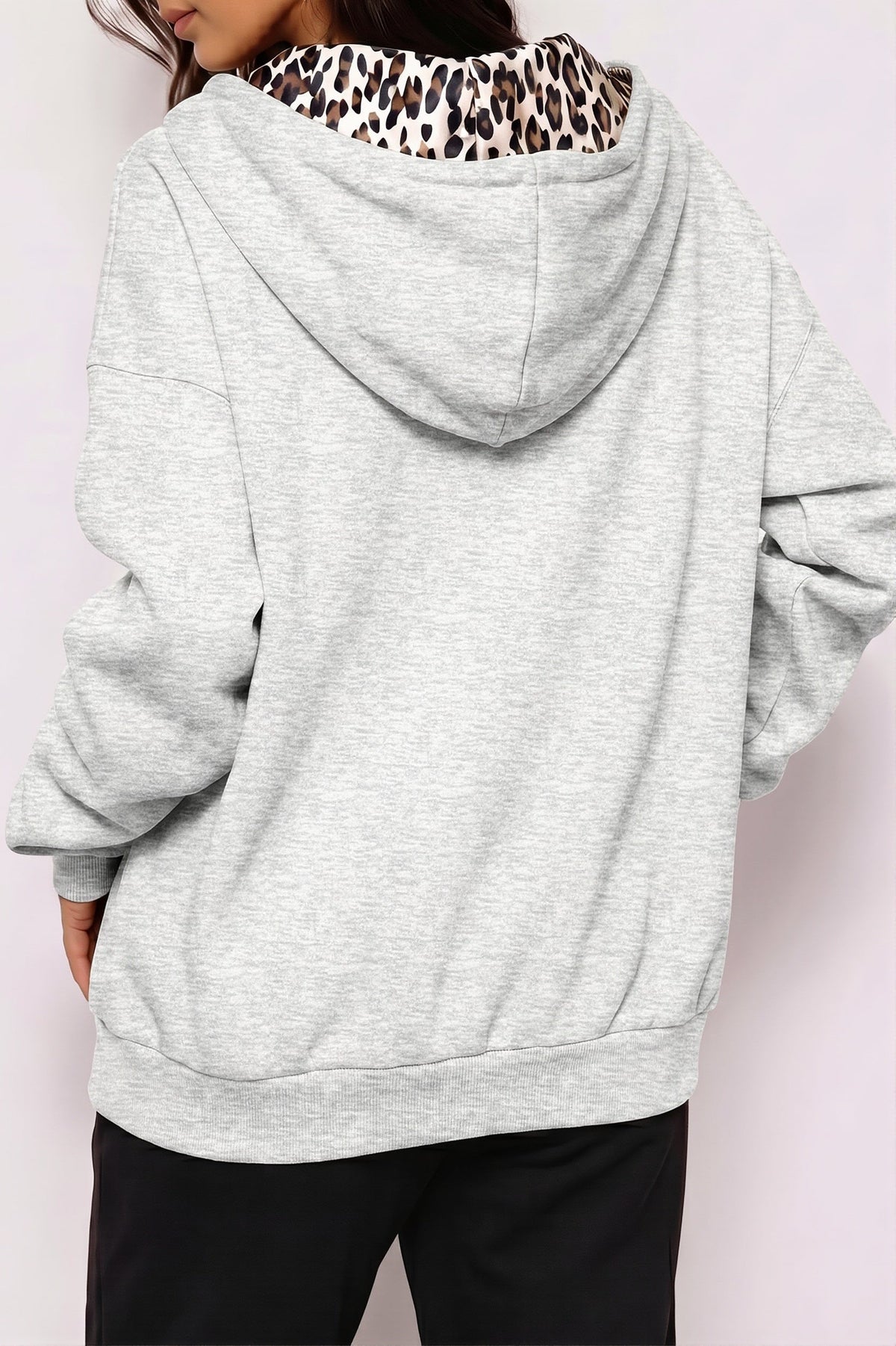 Women's oversized zip hoodie with leopard-lined hood and front pockets