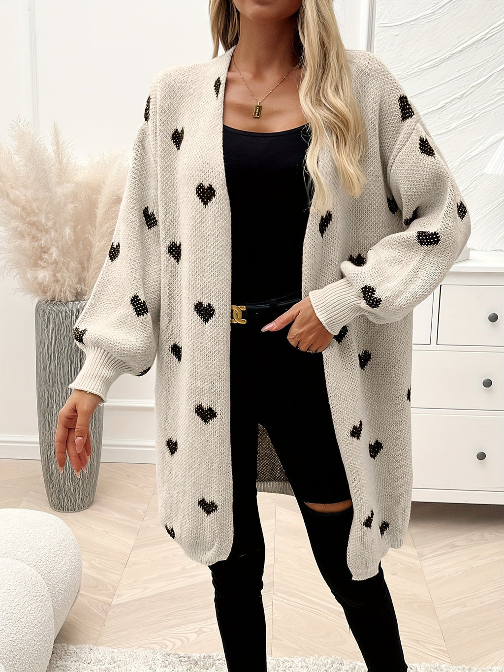 Women's heart print longline cardigan with open front and long sleeves