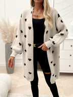 Women's heart print longline cardigan with open front and long sleeves