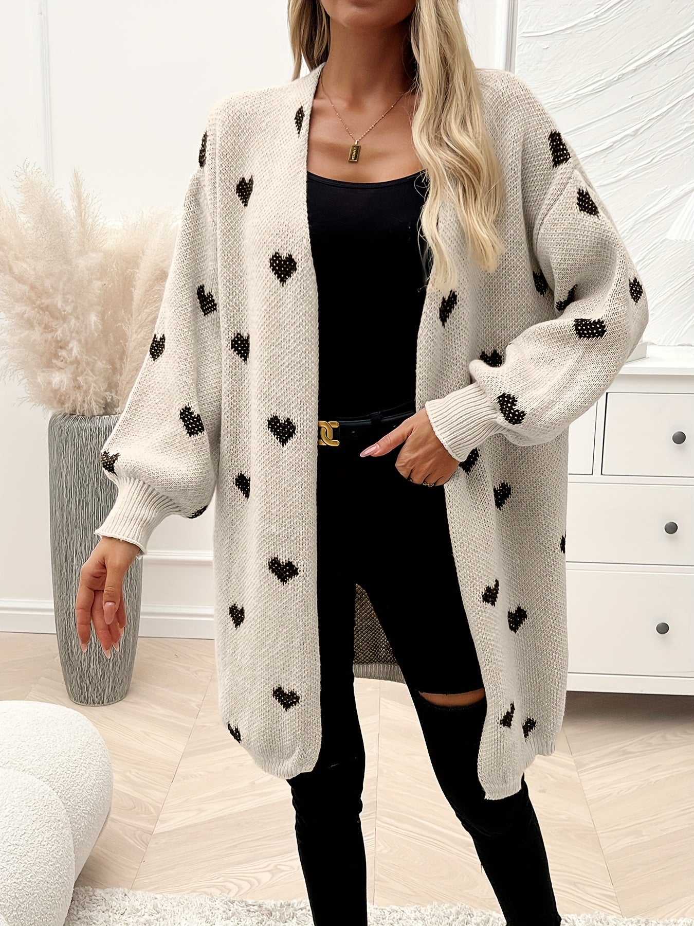 Women's heart print longline cardigan with open front and long sleeves