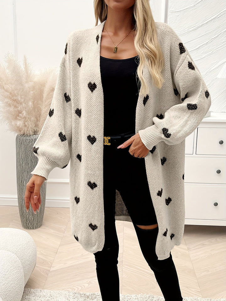 Women's heart print longline cardigan with open front and long sleeves