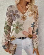Women's multicolour floral V-neck sweater with openwork sleeves