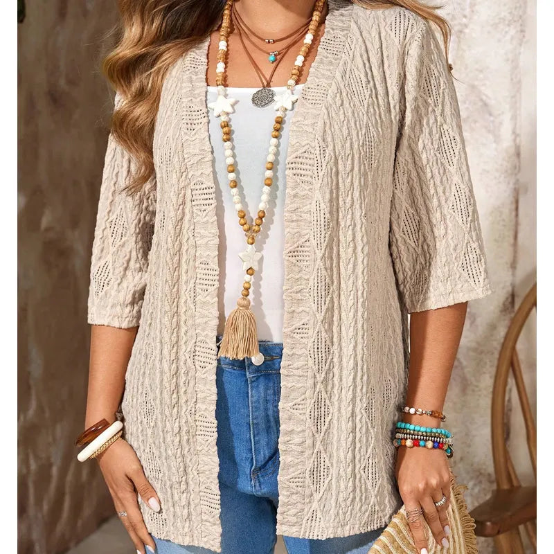 Women's open front textured cardigan with three-quarter sleeves