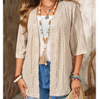 Women's open front textured cardigan with three-quarter sleeves