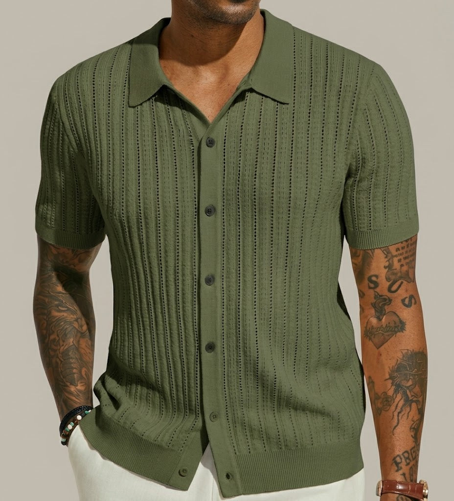 Men's Textured Open-Knit Button-Front Polo