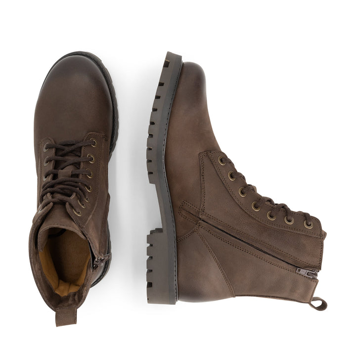 Brown lace-up ankle boots with side zippers and lugged soles