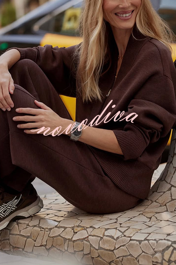 Women's ribbed half-zip sweatshirt and wide-leg trousers set