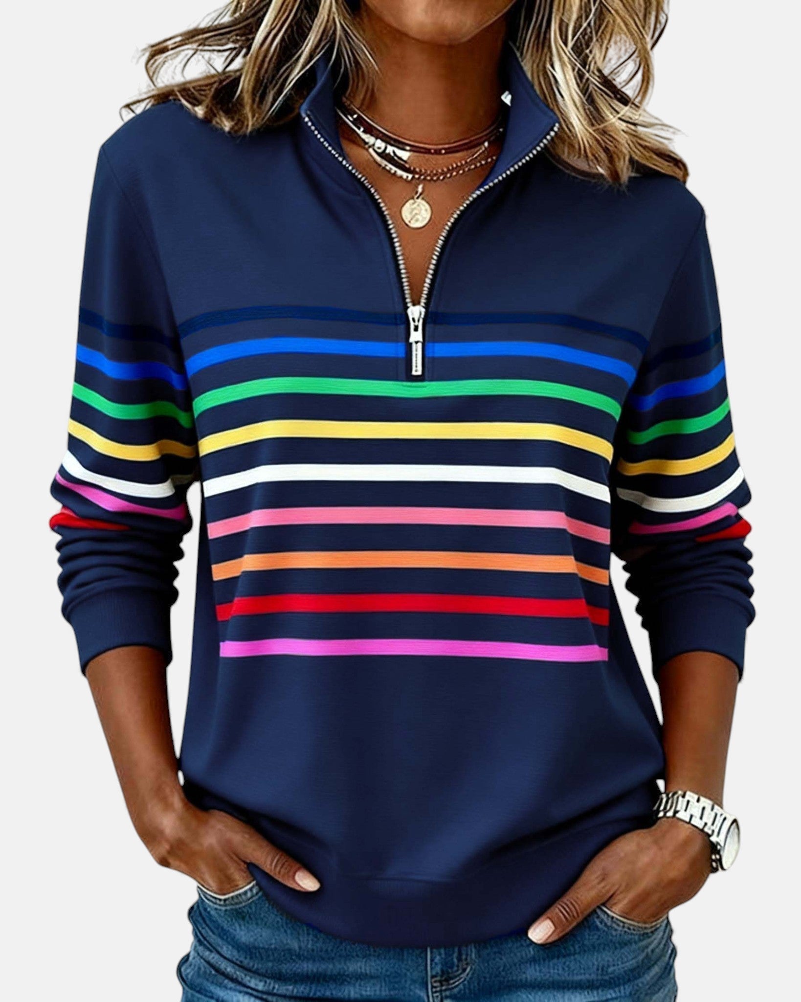 Women's striped quarter-zip sweatshirt with stand collar and long sleeves