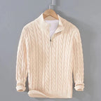 Men's cable knit jumper with mock neck and quarter zip