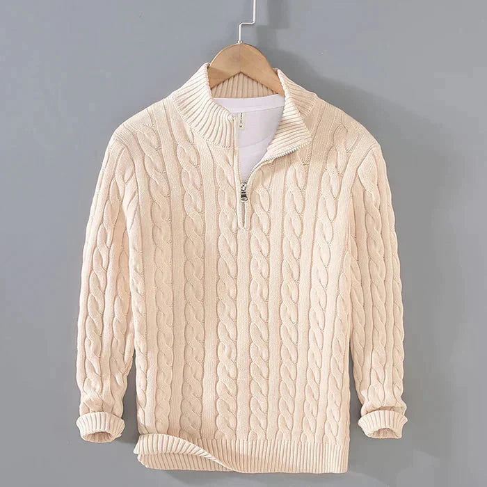 Men's cable knit jumper with mock neck and quarter zip
