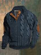 Men's patterned cable knit sweater with button collar