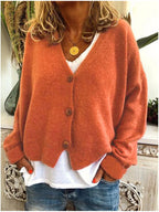Women's long-sleeve V-neck button cardigan shown in multiple colours