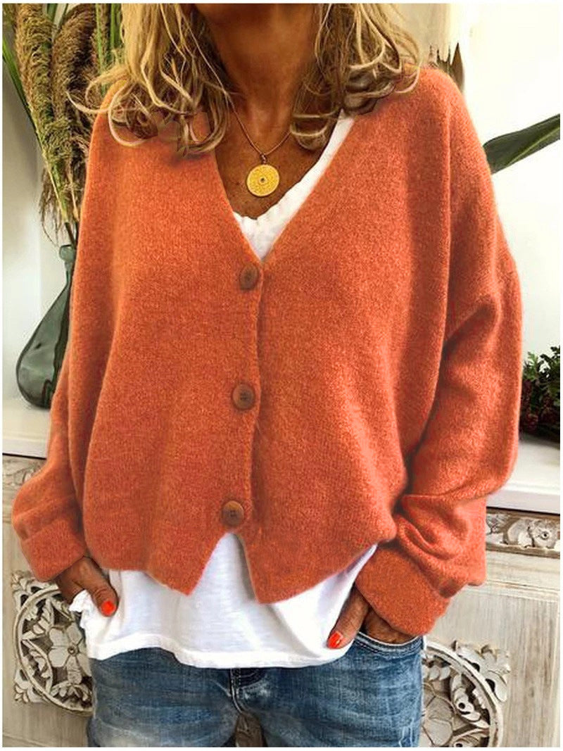 Women's long-sleeve V-neck button cardigan shown in multiple colours