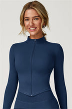 Women's fitted cropped jacket with high collar and front zip