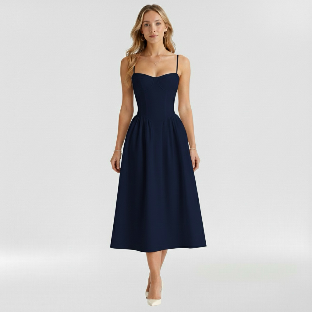 Women's floral corset midi dress with sweetheart neckline and spaghetti straps