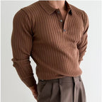 Men's long-sleeve ribbed polo sweater with lapel collar