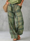Women's green plaid high-waisted wide-leg trousers
