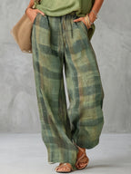 Women's green plaid high-waisted wide-leg trousers
