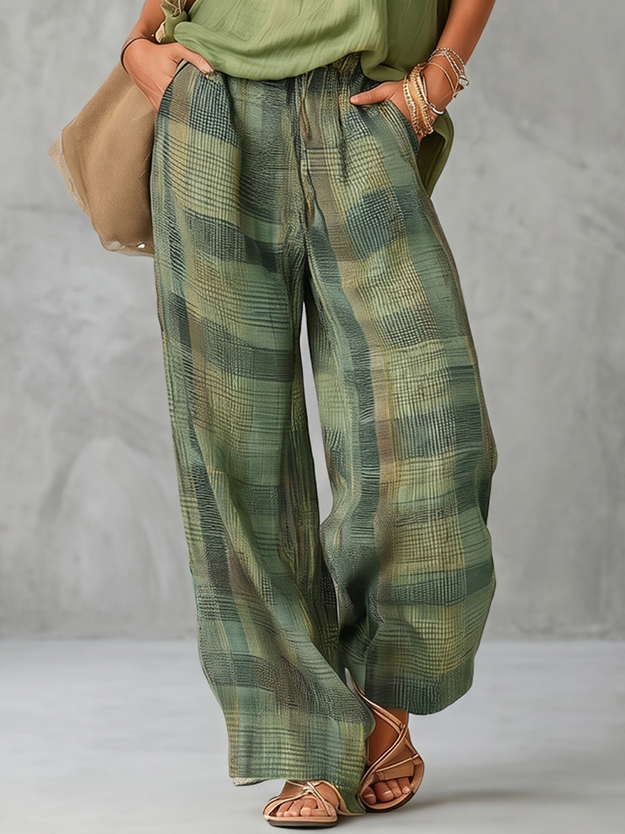 Women's green plaid high-waisted wide-leg trousers