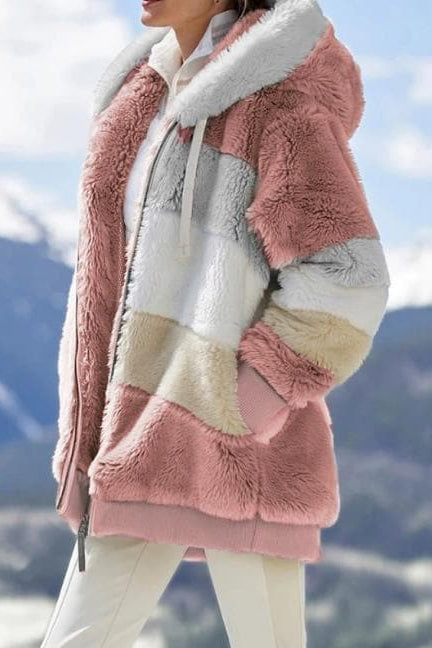 Women's striped hooded zip hoodie with plush textured finish and front pockets