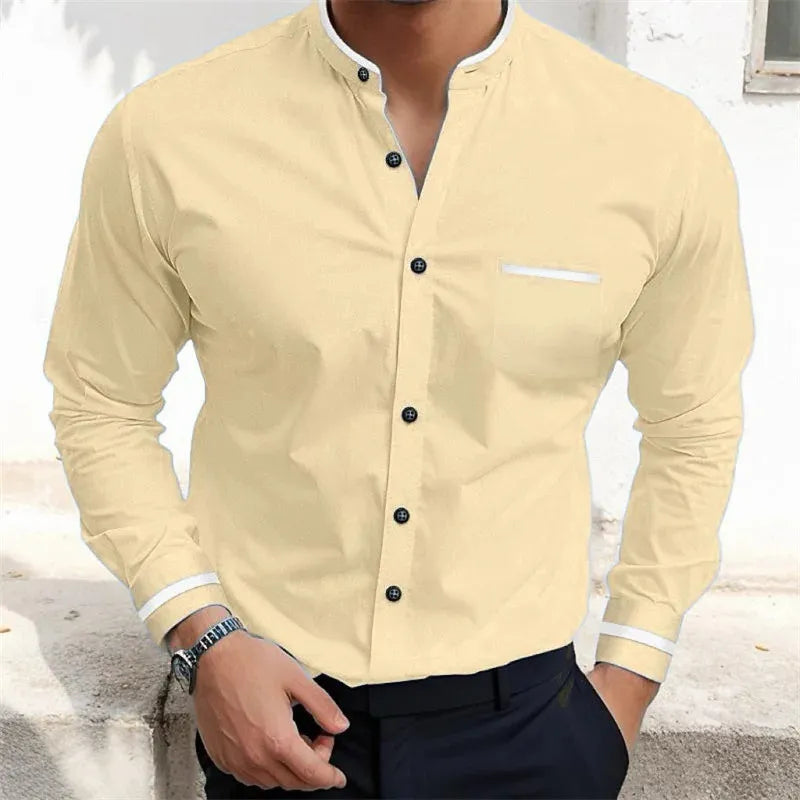 Men's long-sleeve grandad collar shirt with contrast cuff and chest pocket trims