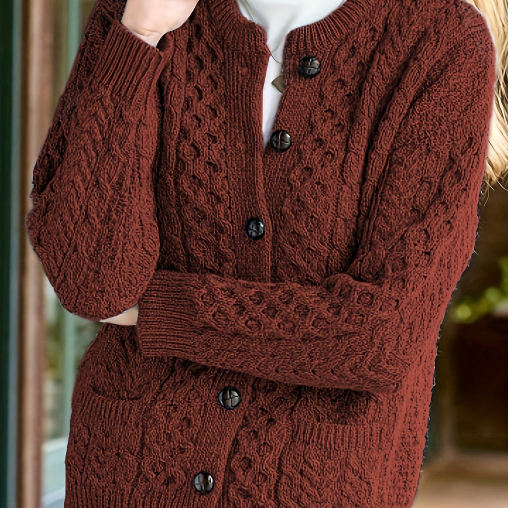 Women's textured cable knit cardigan with crew neck, long sleeves and button front