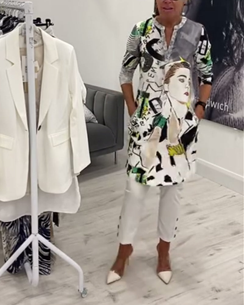 Women's grey long blouse with illustrated character print, stand collar and button front