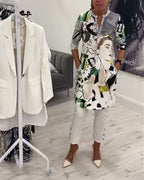 Women's grey long blouse with illustrated character print, stand collar and button front