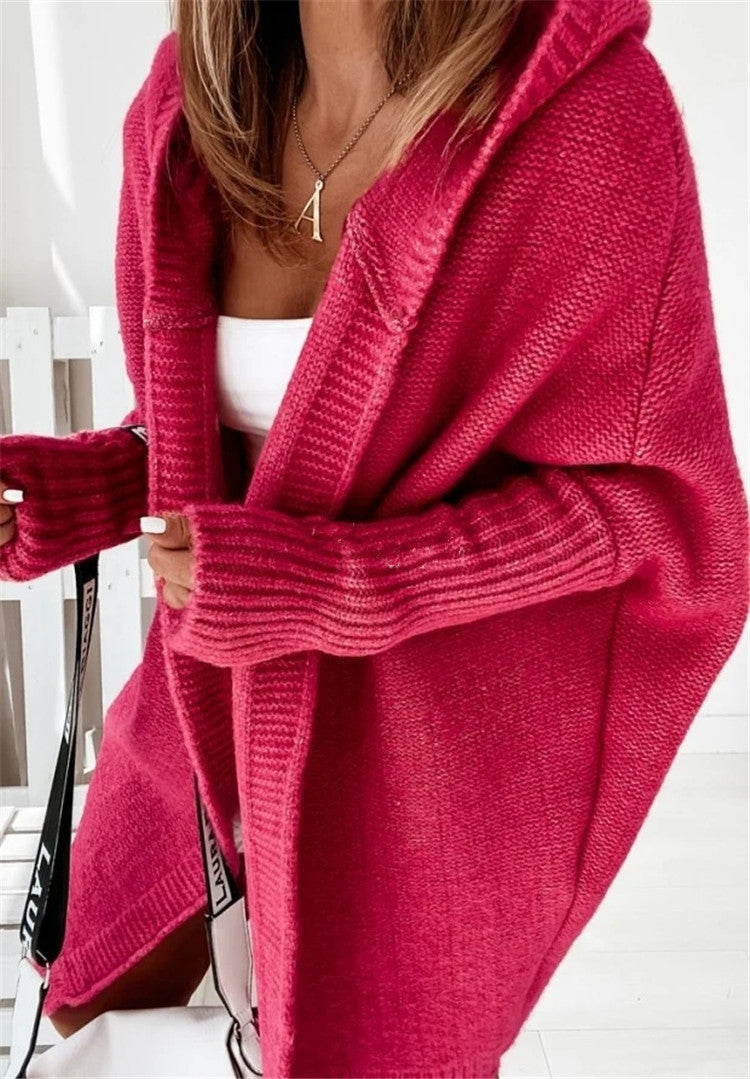 Women's oversized hooded cardigan with batwing sleeves and ribbed trims