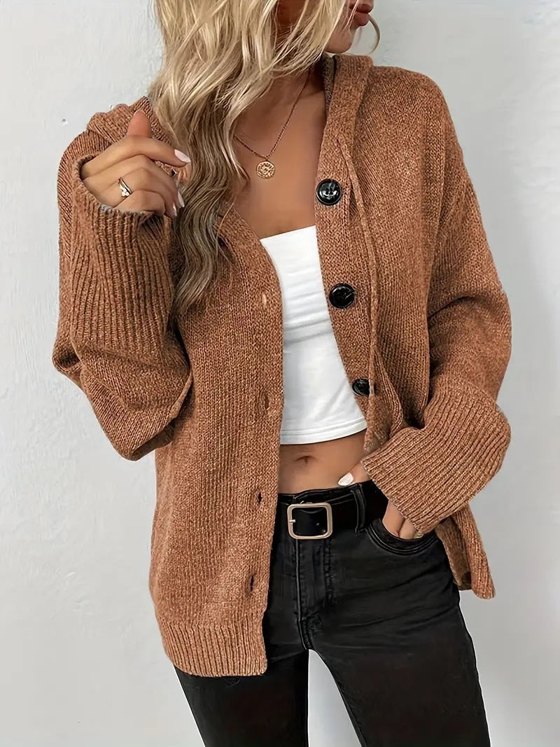 Women's hooded knitted cardigan with button front, long sleeves and ribbed cuffs
