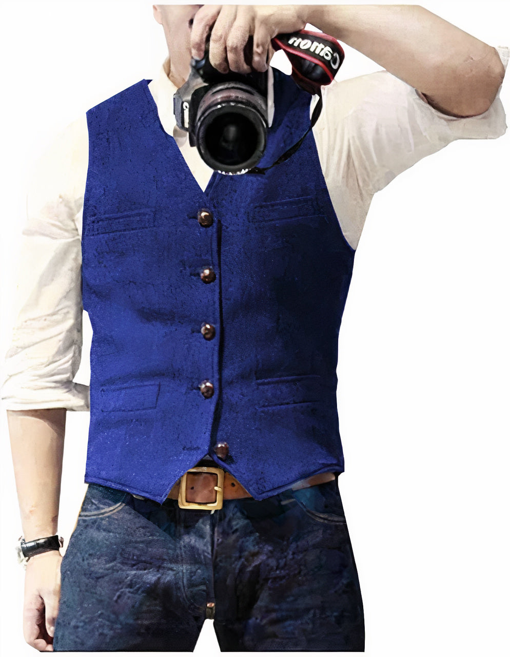 Men's sleeveless button front waistcoat with V-neck and four pockets