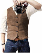 Men's sleeveless button front waistcoat with V-neck and four pockets