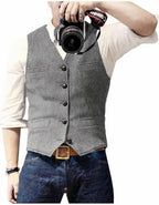 Men's sleeveless button front waistcoat with V-neck and four pockets