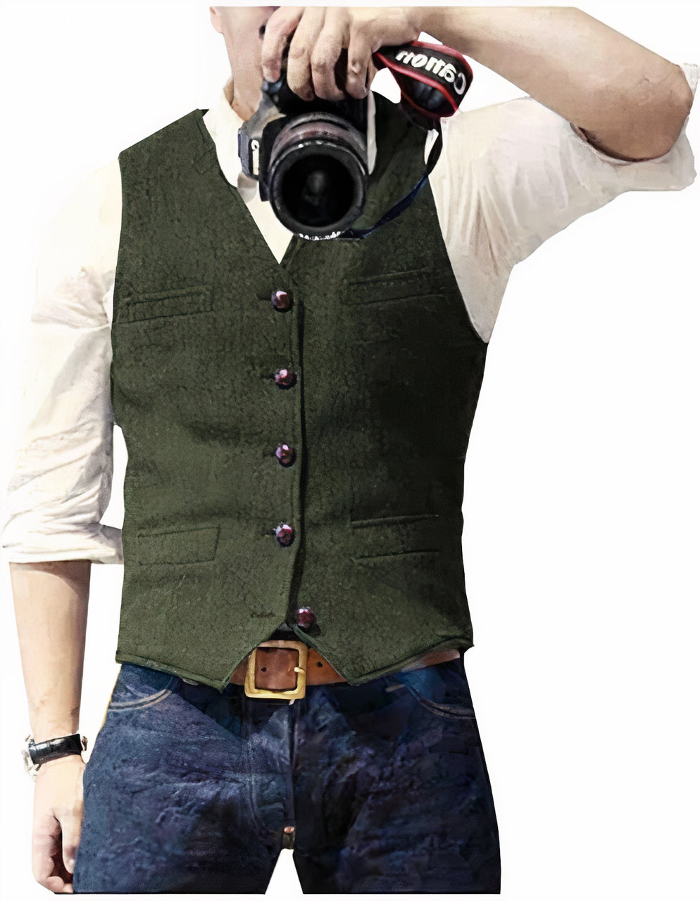 Men's sleeveless button front waistcoat with V-neck and four pockets