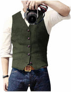 Men's sleeveless button front waistcoat with V-neck and four pockets