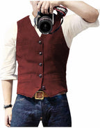 Men's sleeveless button front waistcoat with V-neck and four pockets