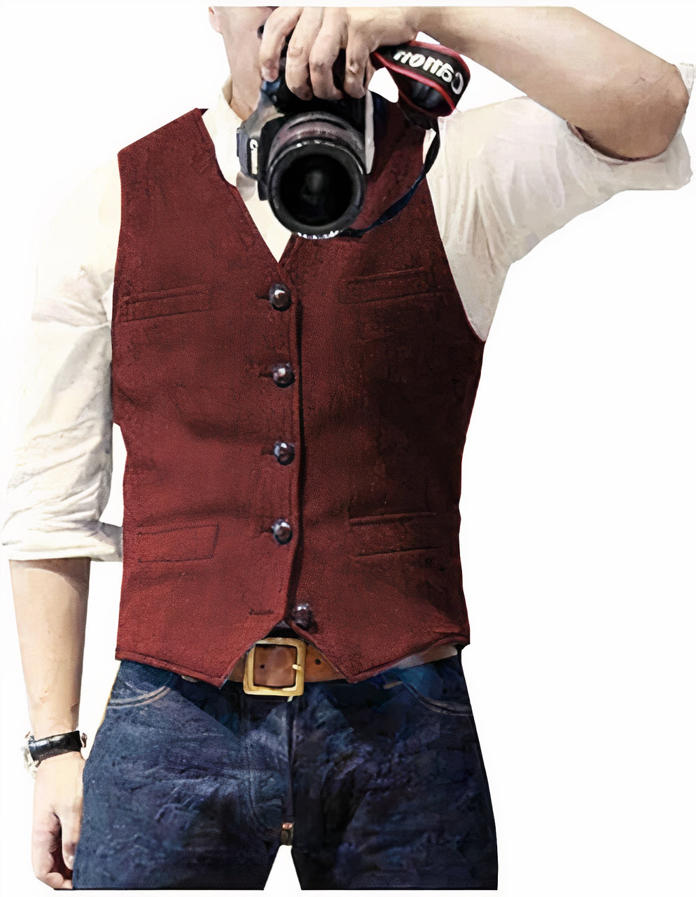 Men's sleeveless button front waistcoat with V-neck and four pockets