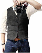 Men's sleeveless button front waistcoat with V-neck and four pockets