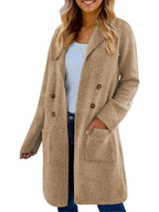 Women's long button cardigan coat with shawl collar and patch pockets