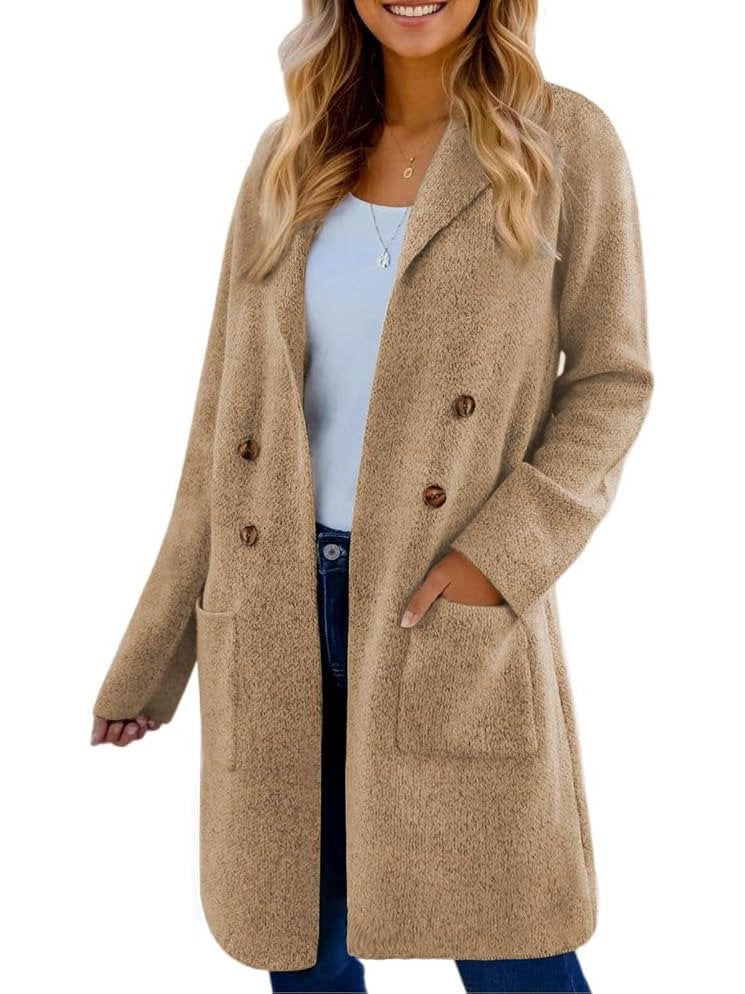 Women's long button cardigan coat with shawl collar and patch pockets