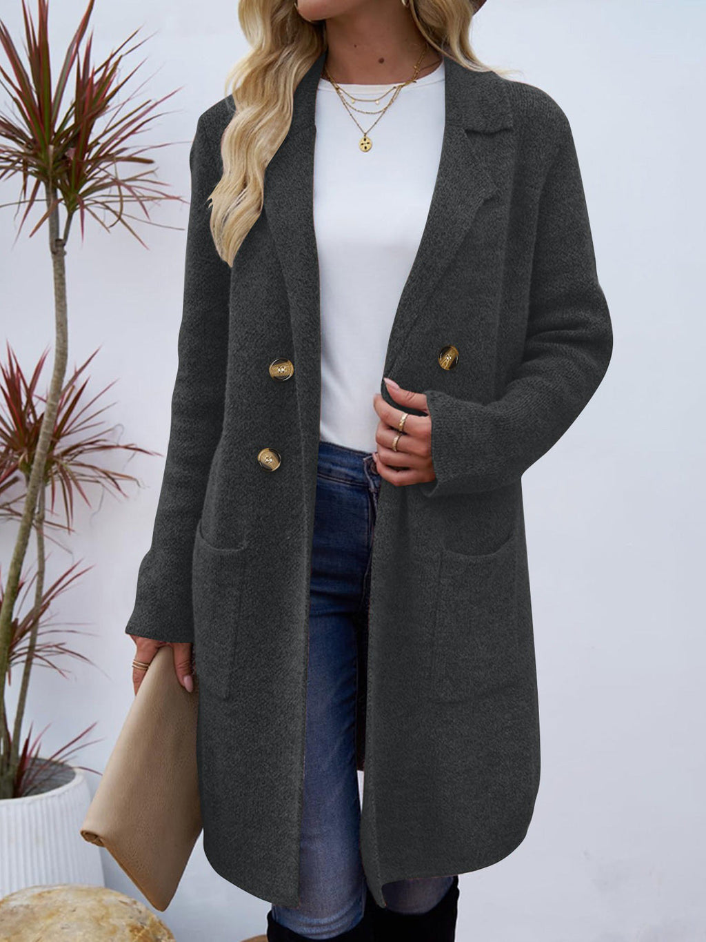 Women's long button cardigan coat with shawl collar and patch pockets