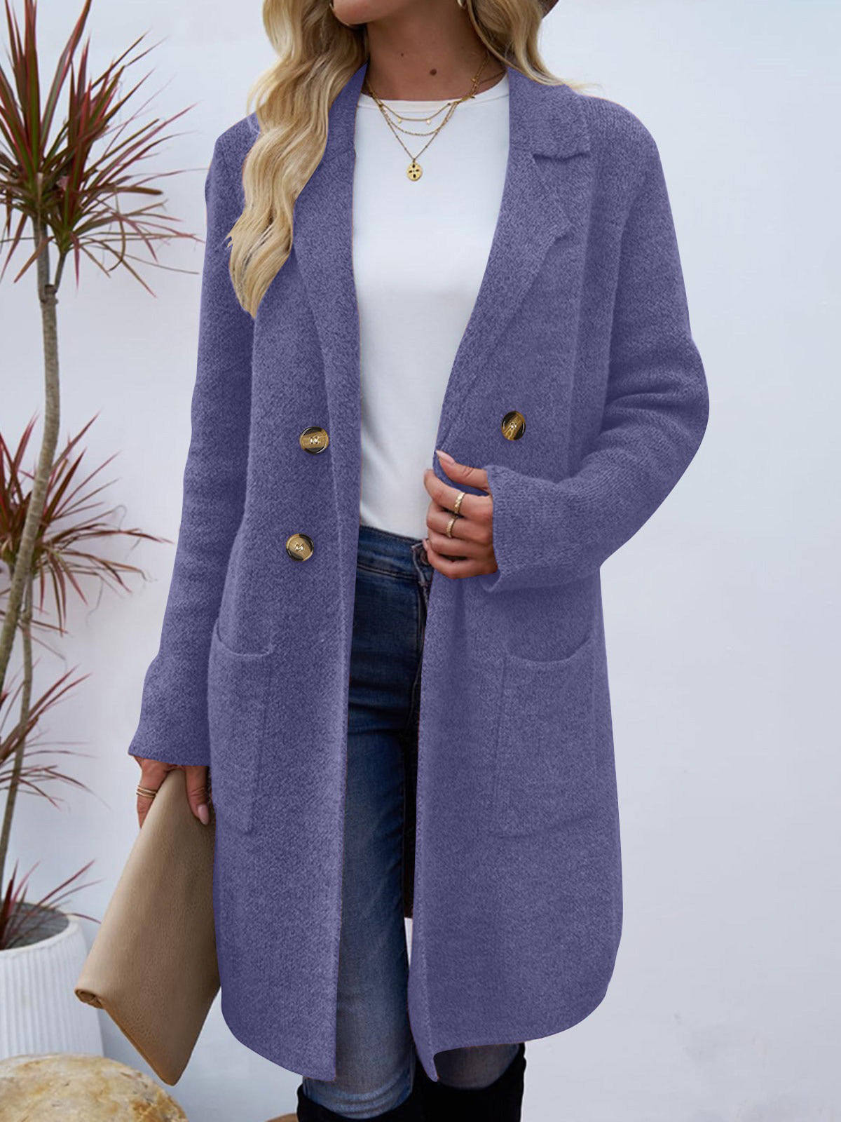 Women's long button cardigan coat with shawl collar and patch pockets